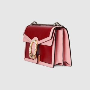 Gucci Horsebit Shoulder Bag Dark Red Pink Antique Gold Tiger Head Leather